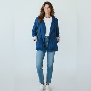 Frye and Co Utility Open Front Jacket Womens Roll Up Sleeves Floral Navy 2XL